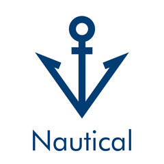 Logotipo con texto Nautical y ancla de barco con forma de flecha con lineas en color azul