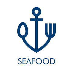 Logotipo con texto Seafood con ancla de barco con forma de cubiertos con lineas de color azul