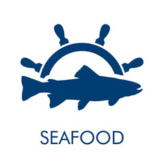 Logotipo con texto Seafood con timón de barco con pescado en color azul