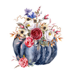 Fototapeta premium Thanksgiving Day. Pumpkin with roses in boho style. Watercolor illustration. 