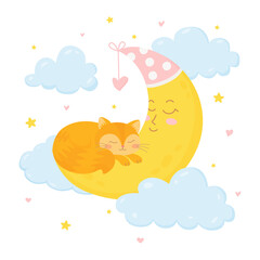 Cute cat sleepping on the crescent moon