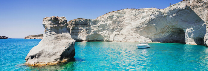 Beautiful bay, Milos island, Greece, panoramic view, banner - obrazy, fototapety, plakaty