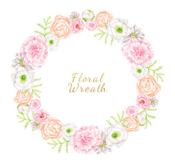 Watercolor floral illustration. Hand drawn round frame with blush and peach flowers isolated on white. Botanical wreath with pastel flower buds for wedding invitation, save the date, cards, fashion.