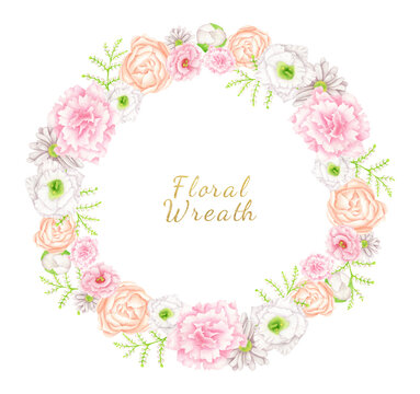 Watercolor floral illustration. Hand drawn round frame with blush and peach flowers isolated on white. Botanical wreath with pastel flower buds for wedding invitation, save the date, cards, fashion.