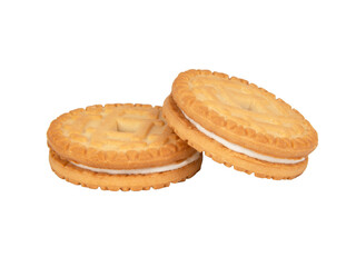 Biscuit sandwich cookies with milk creamy filling isolated on the white background
