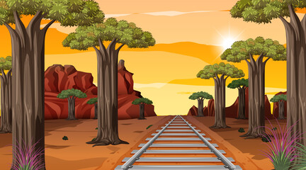 Railway through the desert landscape scene at sunset time