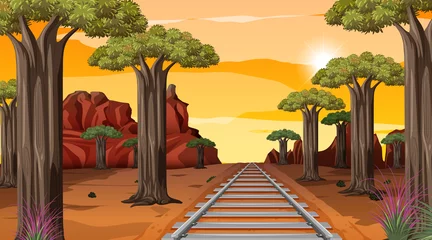 Gordijnen Railway through the desert landscape scene at sunset time © blueringmedia