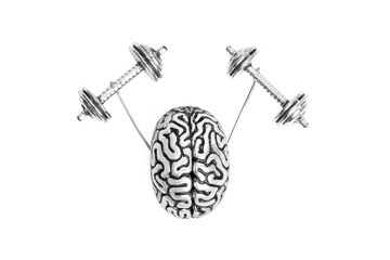 Human brain lifting dumbbells isolated on white