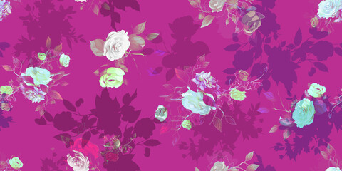 Wide vintage seamless background pattern. Beauty wild flowers, peony with leaf on dark red. Abstract watercolor, hand drawn, vector - stock.