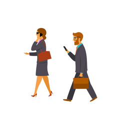 businessman and businesswoman walking to office, working talking and texting on smartphones on the way