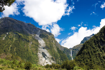 Fototapeta na wymiar Sutherland Falls on Milford Track, Fiordland National Park, Great Walks, Te Wahipounamu, New Zealand