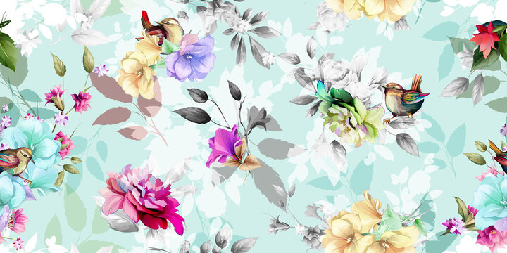 Wide vintage seamless background pattern. Wild flowers, birds around with leaf on light blue. Abstract, hand drawn, vector - stock.