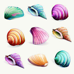Illustration of sea shells. Set of five objects, isolated on white. Handdrawn elements for different purposes. Vector - stock.