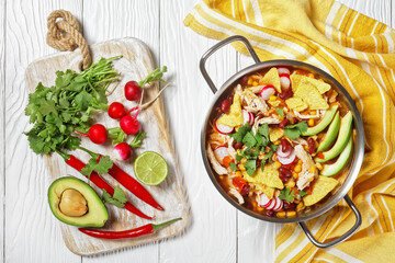 Mexican tortilla soup with chicken, top view