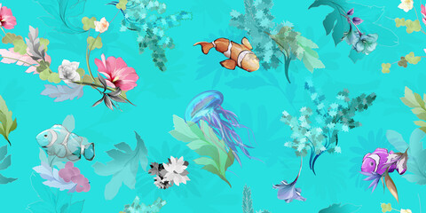 Fototapeta na wymiar Wide seamless pattern. Illustration of fishes on blue. Clown fish with undersea background. Hand drawn illustration. Vector - stock.