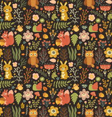 Forest seamless pattern with cute animals 