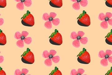 Seamless food pattern from rows of ripe strawberries and poppy flowers on pink background. Healthy plant based diet vegan lifestyle beauty concept. Pop art style