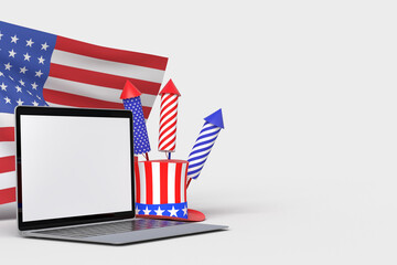 Happy 4th of July USA Independence Day and laptop mockup with decorate and american flag. Independence Day celebration of america. 3D rendering