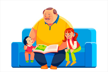 Old grandparent with grandchildren sitting on couch at home and reading book. Grandfather, grandson and granddaughter spending time together and studying with textbook. Cartoon vector illustration