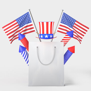 Happy 4th of July USA Independence Day and shopping bag mockup with decorate and american flag. Sale concept in Independence Day celebration of america. 3D rendering