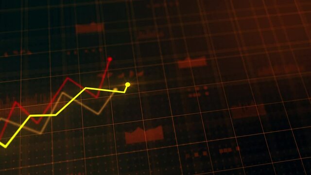 Red and yellow growing line charts for business development. Marketing competition concept. Corporate growth with increasing graphs. Motion graphics animation with depth of field.