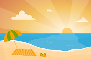 Fototapeta na wymiar Summer background - sunset beach. Sea and sunset, on the beach an umbrella, sun lounger and flip-flops. Beach landscape in modern flat design. Vector background illustration