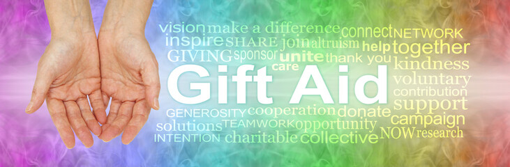 Words associated with Gift Aid - open cupped hands beside a GIFT AID word cloud against a rainbow coloured patterned background
