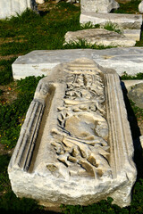 Greek craftsmanship engraved on White marble, Greek scripts on White stone in Izmir, Turkey.