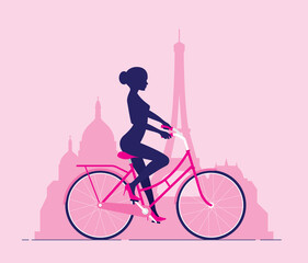Vector young beautiful woman drives a pink bicycle around Paris. Isolated on pink background.