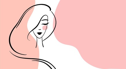 Hand drawn banner for beauty salon. Cute woman portrait. Minimal design. Template for leaflet, banner, gift Certificate, business card. 