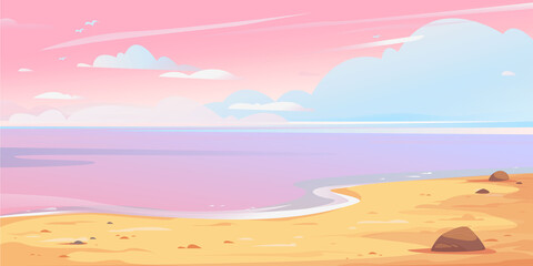 Realistic beautiful landscape depicting a pink sunset sky with clouds, sea and sandy shore. Long banner with nature, vacation and coast of Thailand or Maldives travel