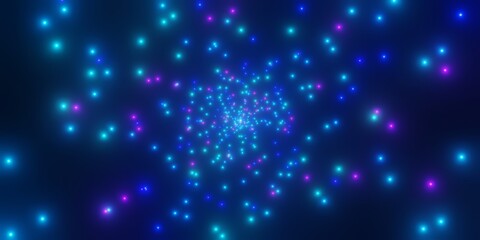 中心から広がる多数の光る粒子