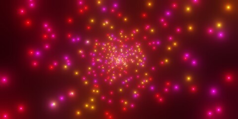 中心から広がる多数の光る粒子