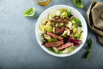 Healthy green salad with grilled beef steak