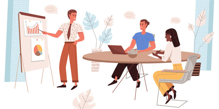 Leadership web concept in flat style. Business meeting or training. Colleagues sit at presentation, discussing strategy. People character activities scenes. Vector illustration for website template