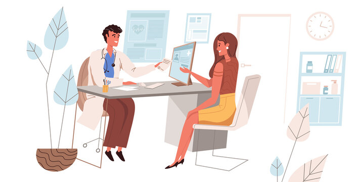 Medical clinic web concept in flat style. Woman visits doctor. Therapist consulting patient, diagnosis and prescription. People character activities scenes. Vector illustration for website template