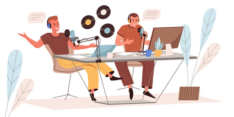 Fototapeta na wymiar Recording audio podcast web concept in flat style. Men in headphones broadcasting and talking in studio with microphones. People character activities scenes. Vector illustration for website template
