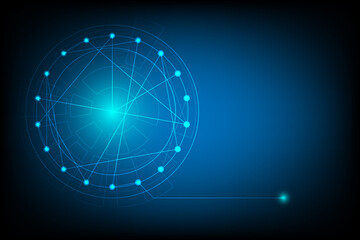 Technology Circle background with line and dot connection on deep blue space. Template of innovative system round with shiny light. Blue science concept with blank space for design.