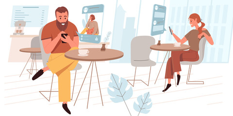 Browse social network web concept in flat style. Man and woman surfing internet, chatting online, using smartphones at cafe. People character activities scene. Vector illustration for website template