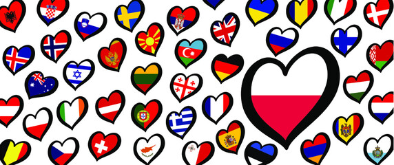 Poland flag and different countries flags with heart flags logo. For Europe, eurovision music song festival, contest. Music songs for vision dreams. Vector euro TV icon pattern. 