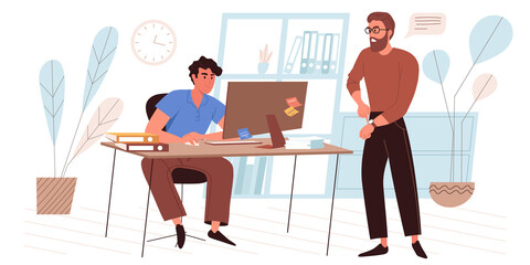 Deadline web concept in flat style. Busy employee working at laptop. Angry manager points to clock. Stress at workplace. People character activities scene. Vector illustration for website template