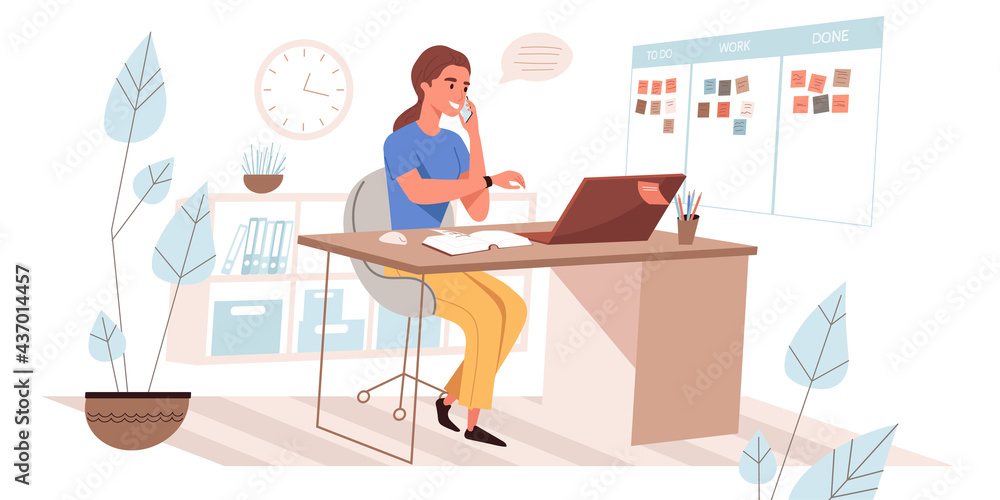 Aufkleber time management web concept in flat style. woman planning work processes, optimized workflow, marks 