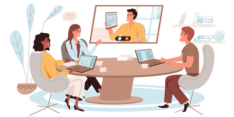 Online conference web concept in flat style. Business meeting of employees via video call. Colleagues discuss work tasks. People character activities scene. Vector illustration for website template