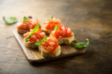 Traditional homemade bruschetta with tomato and basil	