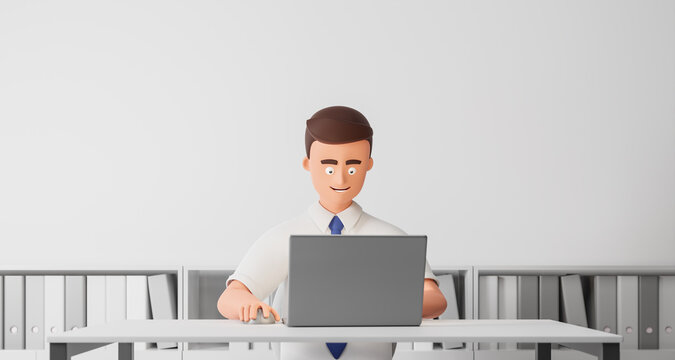 Happy cartoon character businessman in white shirt and blue tie work on laptop in minimal office.