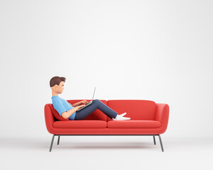 Cartoon character man lying on the red couch at white studio and work on laptop. Comfortable work at home concept.