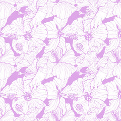 Monochrome seamless pattern with line art blue and yellow hibiscus flowers, buds and leaves, with violet outline. On purple background. Stock vector illustration.