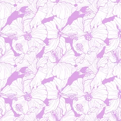 Tuinposter Monochroom naadloos patroon met lijntekeningen blauwe en gele hibiscus bloemen, knoppen en bladeren, met violet omtrek. Op paarse achtergrond. Voorraad vectorillustratie. © akini