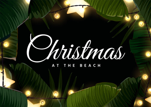 Dark tropical Christmas on the beach frame design with palm leaves, gold glowing stars and light bulbs. Vector background with copy space.