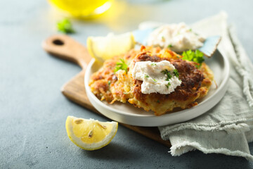 Homemade potato pancakes with cream cheese